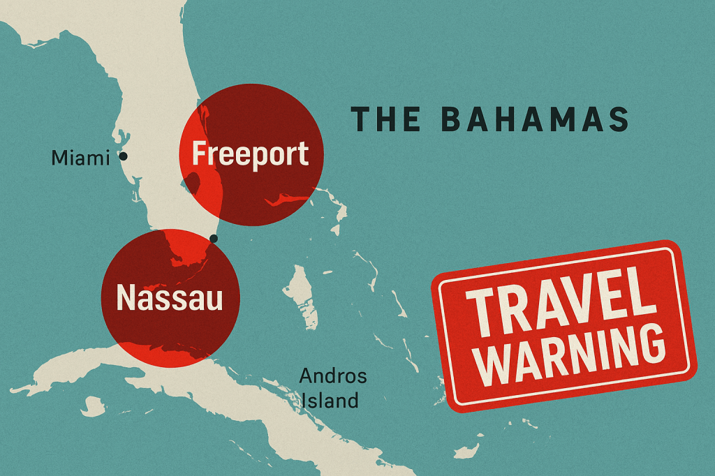 Map of The Bahamas highlighting Nassau and Freeport advisory zones. 